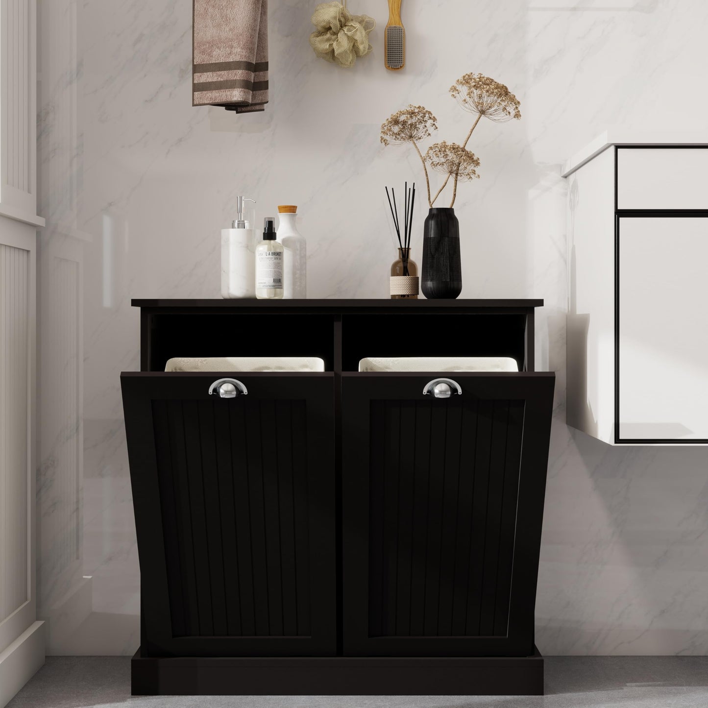 agnixnaf Laundry Sorter Cabinet, Two-Compartment Tilt-Out, Black Storage Cabinet, for Small Bothroom
