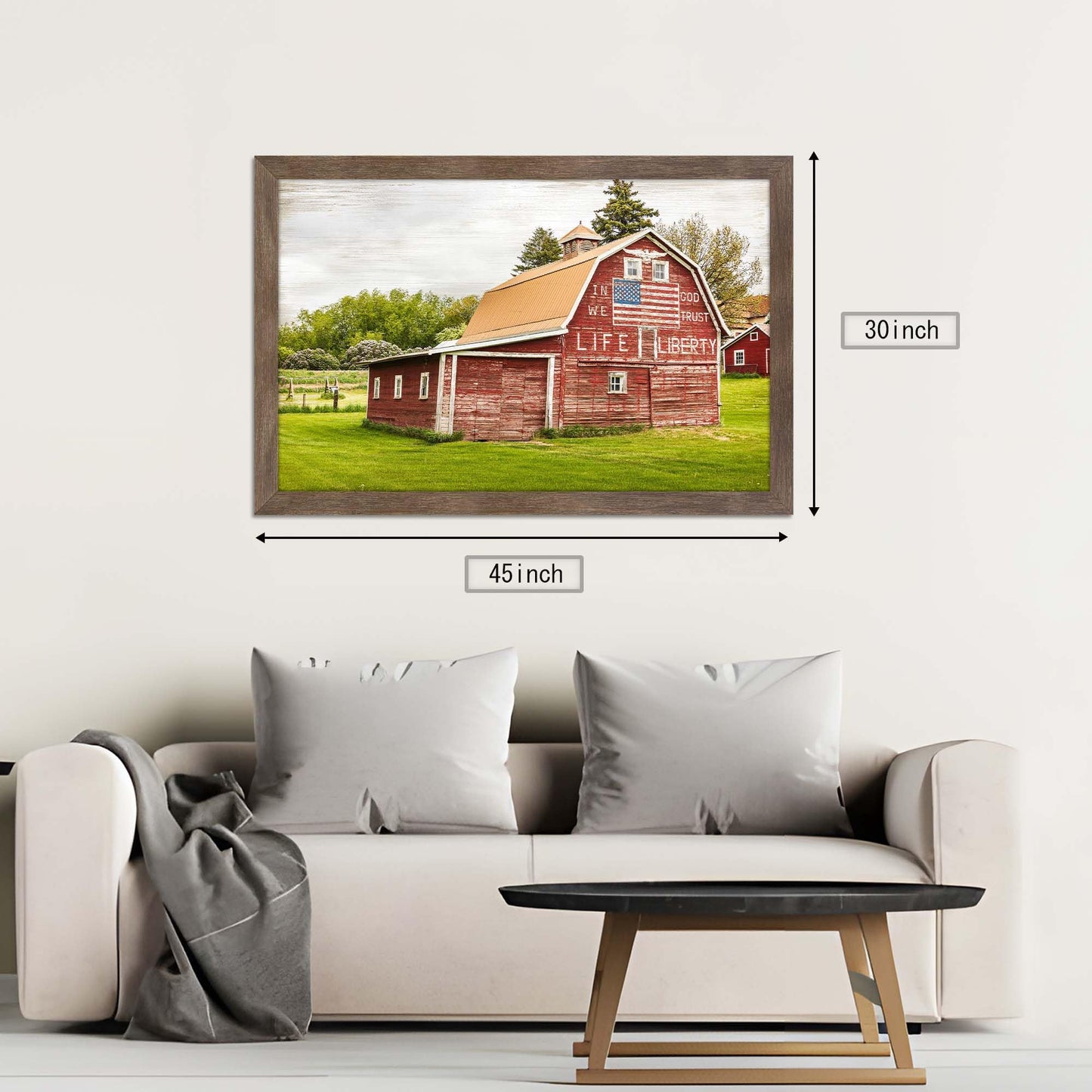 Rural Cabin Framed Wall Art - Rustic Red Farmhouse with American Flag Classic Barn Painting Country Landscape Picture Patriotic Artwork for Home Office