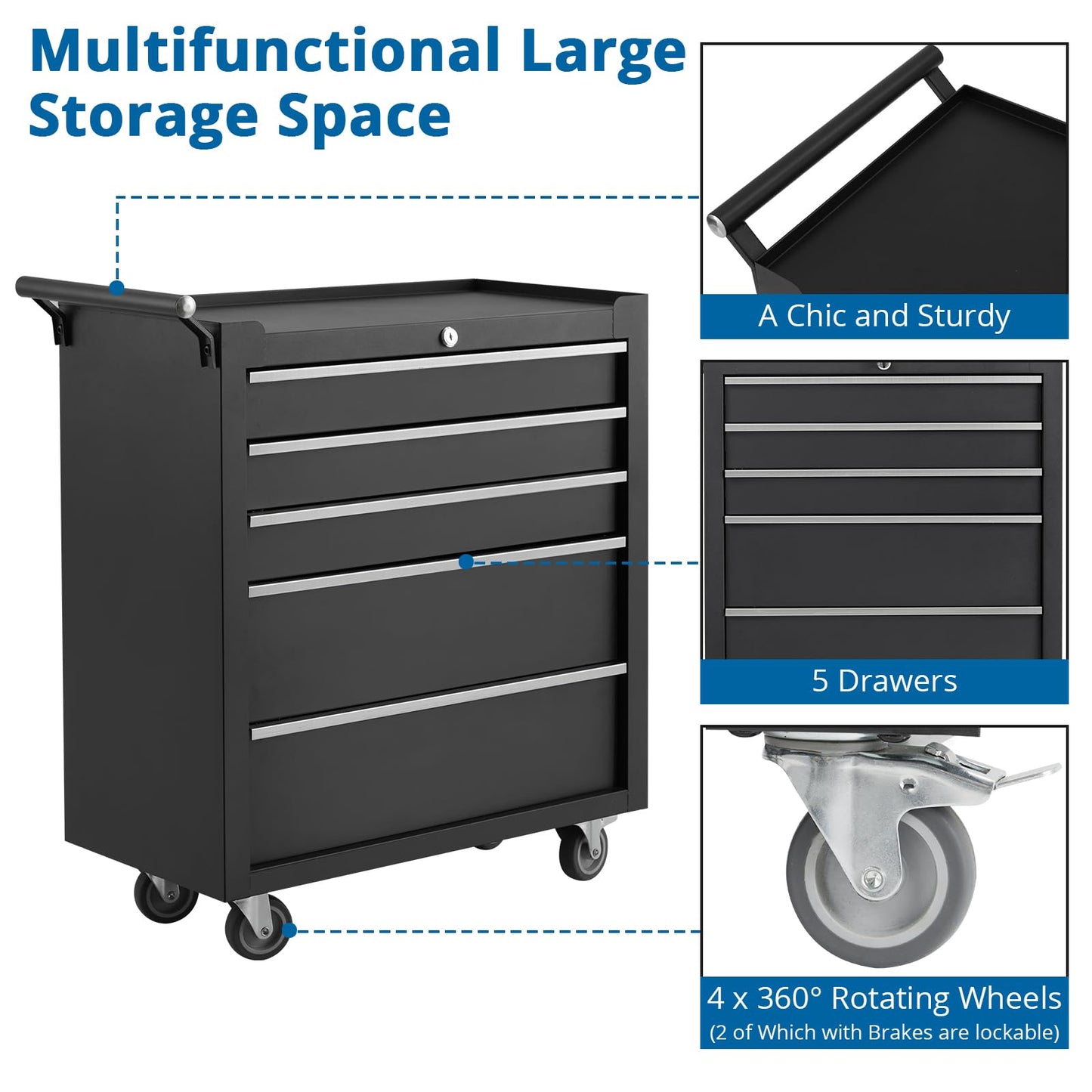 GarveeHome 5-Drawer Tool Chest, Rolling Tool Box with Wheels and Lock System, Portable Storage Rolling Tool Chest for Warehouse, Workshop & Repair Shop, Black