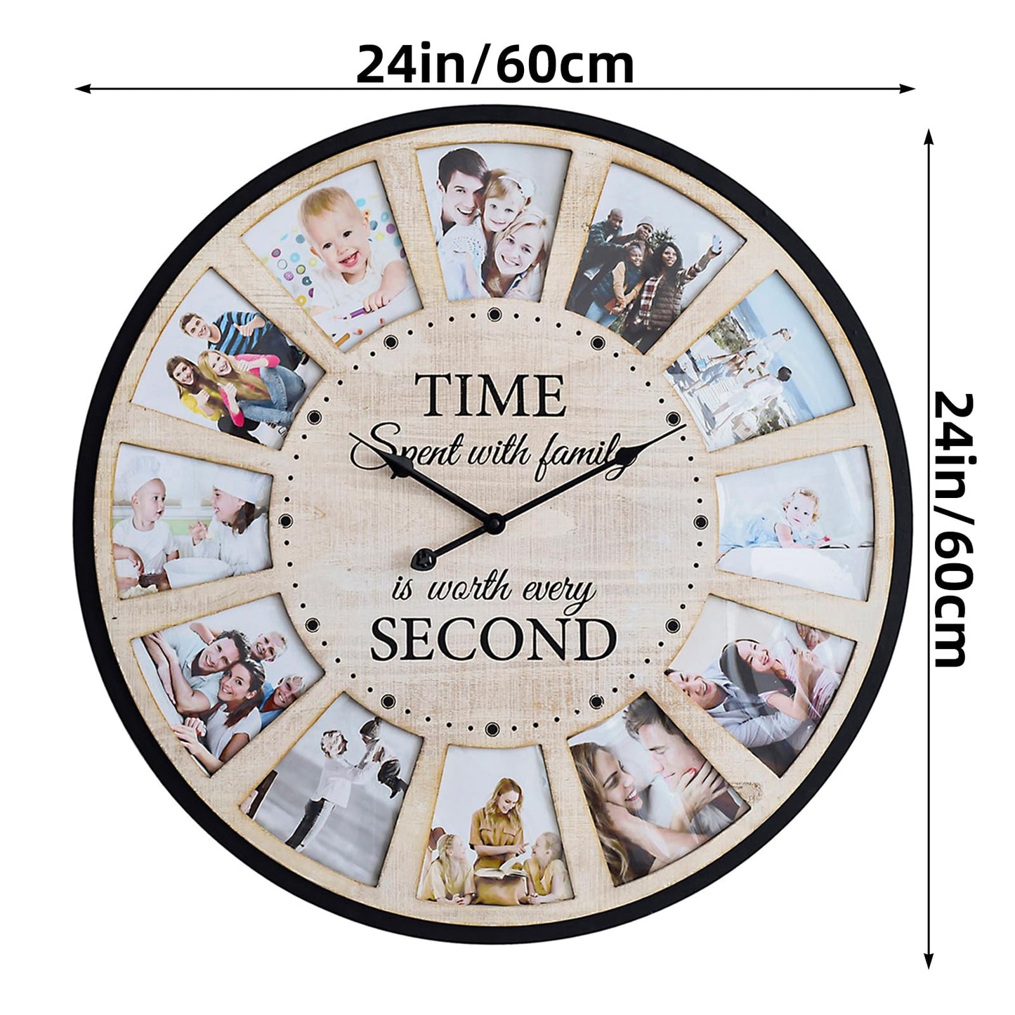 JUMBO HUMBLE 12 Photo Collage Rustic Wood Farmhouse Wall Clock, Large Family Picture Wall Clock for Living Room, Home, Kitchen, Silent Battery Powered 24 Inch Natural