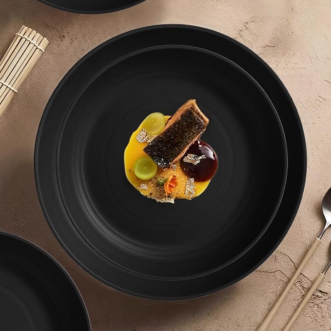 24 Piece Wheat Straw Dinnerware Sets of 6, Kitchen Plates and Bowls Sets, Unbreakable Plastic Dish Set for Camping, Dishwasher Microwave Safe, Kitchen and Dinning Essentials, Black