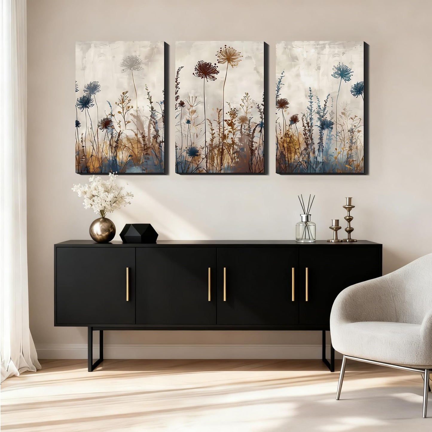 Framed Triptych Floral Canvas Prints Pictures for Bathroom Entryway, Abstract Neutral Wildflower Poster Wall Art, Minimalist Wall Decor, Made in USA for Office Living Room