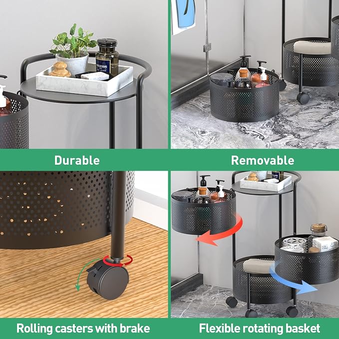JAQ 3-Tier No Assembly Vegetable Storage Rack, Under Counter Rotating Fruit Basket with Wheels, Carbon Steel Kitchen Organizer for Potato Onion, Fruteros Para Cocina, Black