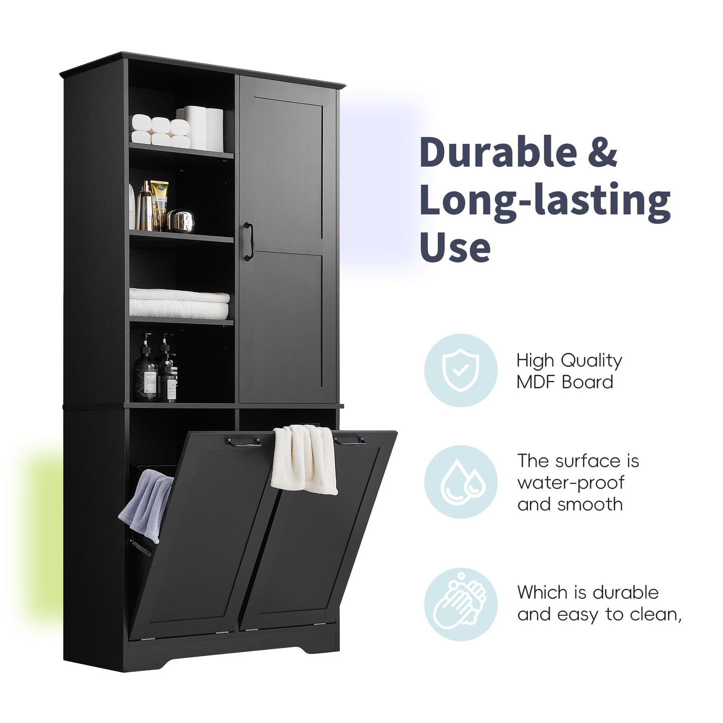 Tall Storage Cabinet with Door and Open Shelf, Multi-Functional Laundry Hamper Basket for Home Bathroom, Laundry Room, Black