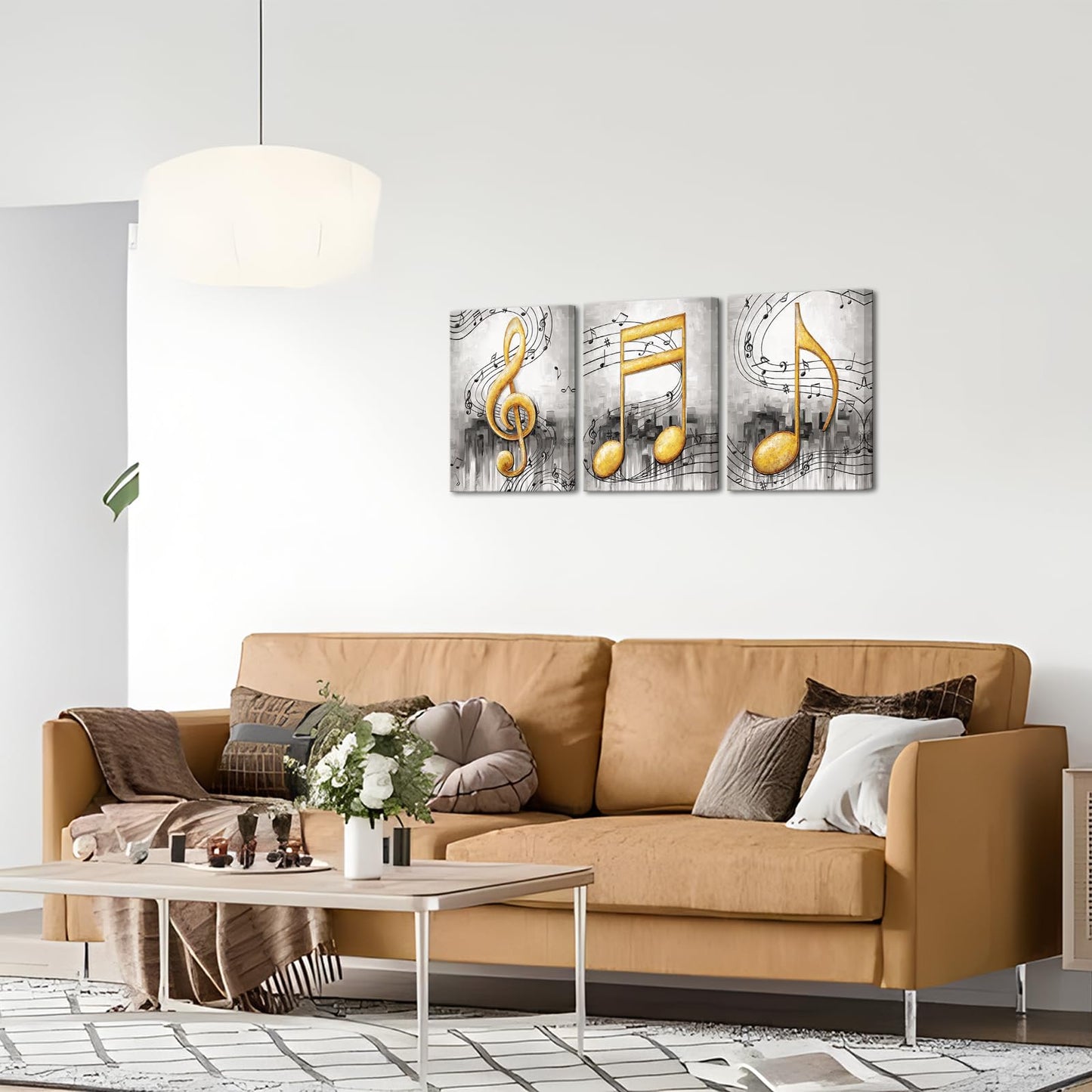 Biuteawal 3Pcs Music Notes Wall Art Grey and Gold Canvas Painting Musical Art Pictures Prints Modern Stylish Music Room Classroom Wall Decor Framed