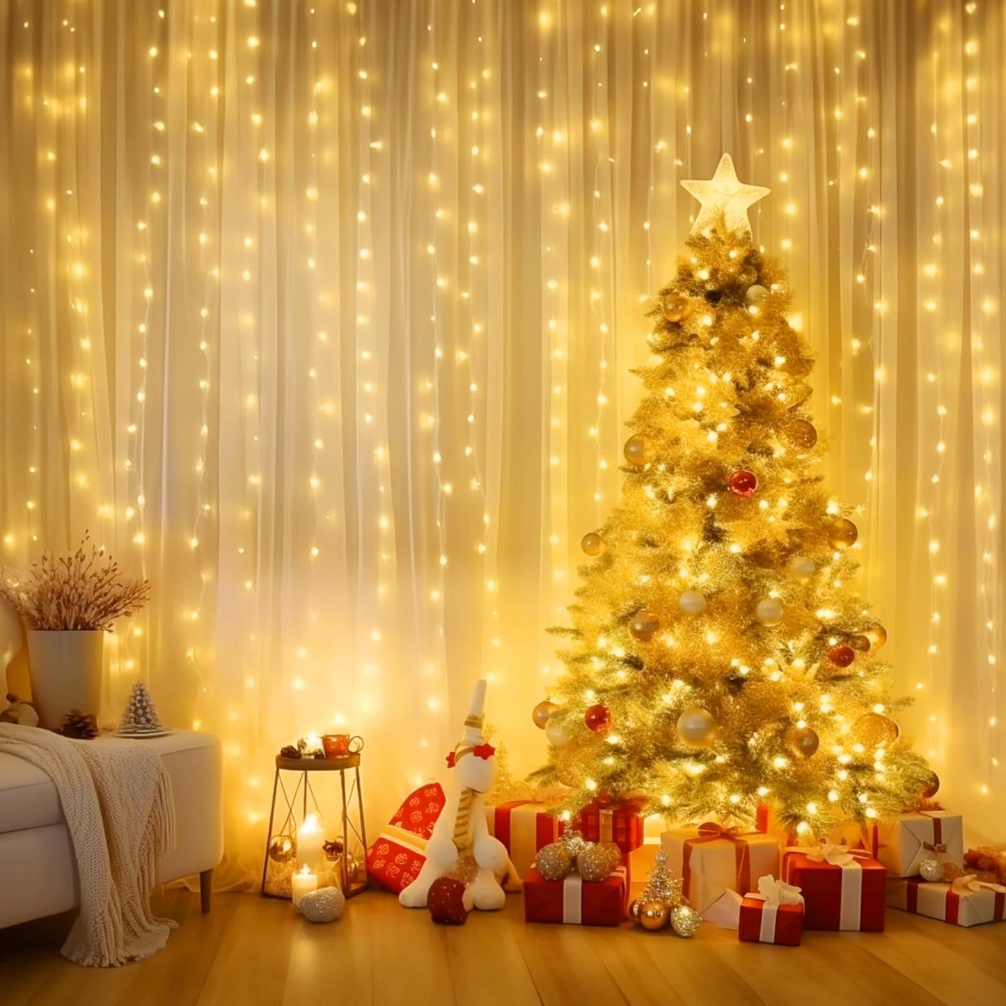 Minetom Curtain Lights, 300 LED Dimmable Fairy Lights Twinkle Lights with Remote and Timer, 8 Modes, USB Powered String Lights for Room Wall Party Xmas Indoor Decor, Warm White