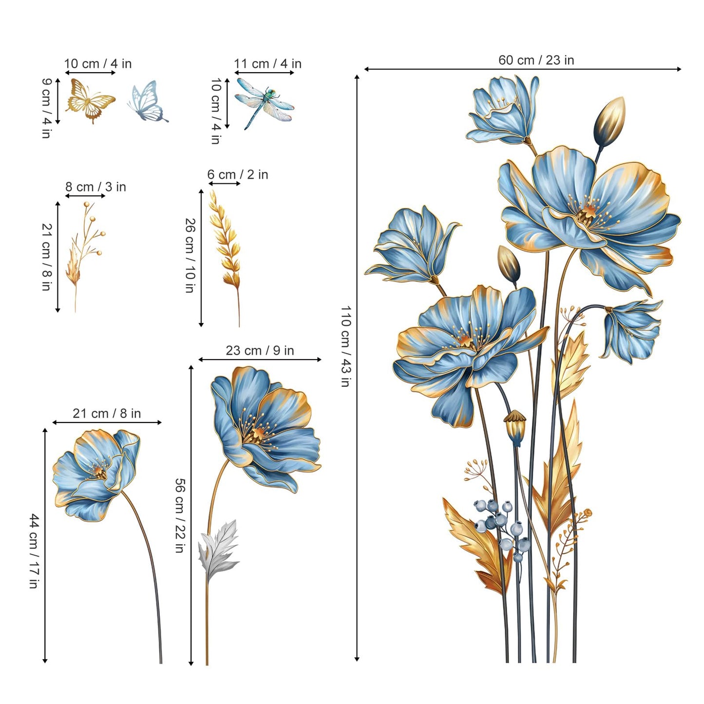 decalmile Large Blue Flower Wall Stickers Floral Butterfly Plants Gold Leaves Wall Decals Bedroom Living Room Sofa TV Background Wall Decor
