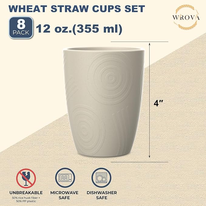 Wrova Wheat Straw Cups 8 PCS Good Alternative to Plastic Reusable Cups 12 oz Unbreakable Drinking Cup Reusable Dishwasher Safe Water Plastic Glasses (Beige)