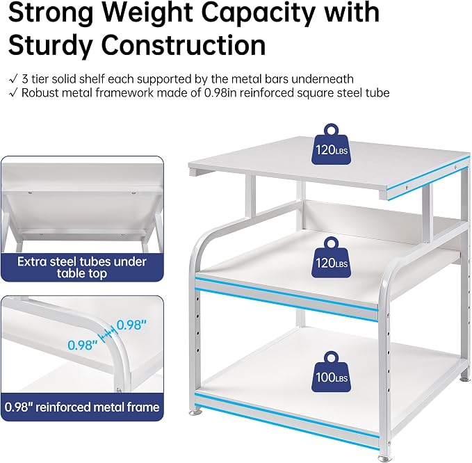 Fannova Printer Stand, 25.6" x 23.6" x 30.9" Extra Large Printer Table with Adjustable Storage Shelf, 3 Tier Rolling Printer Cart with Industrial Wheels for Home Office, White