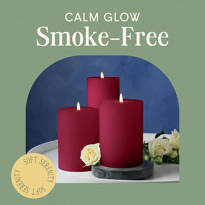Mister Candle Dripless Unscented Pillar Candles, Set of 3 Hand Poured Burgundy Pillar Candles, Solid Color Non-Scented Candles for Home Decor, Premium Wax, 80 Hr Burn Time, 3x6 Inch