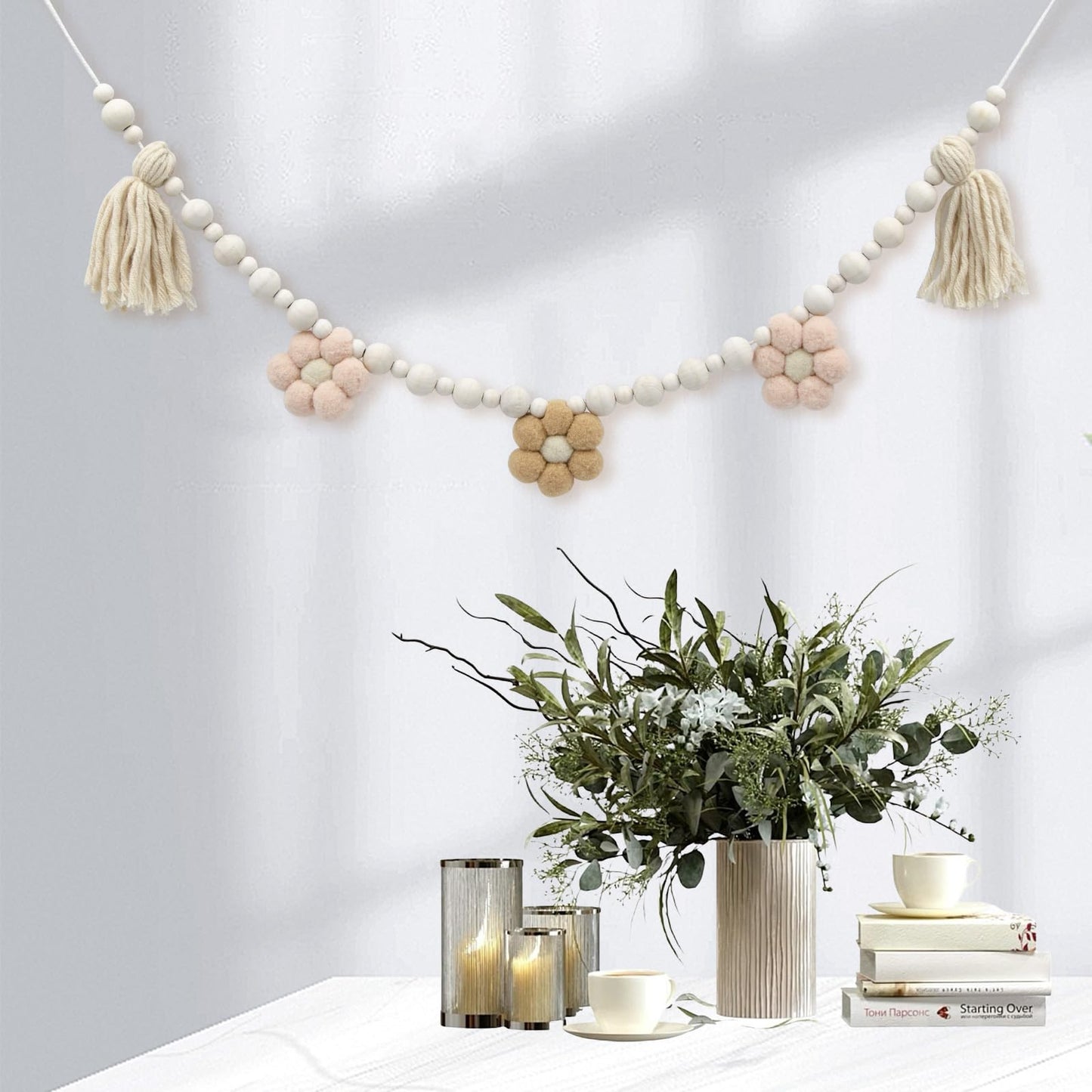Decorations for Home, 2 Pack Boho Tassel Garland with Wooden Beads and Felt Flower, Wall Decorations for Living Room, Home Decor for Kitchen, Living Room, Entryway