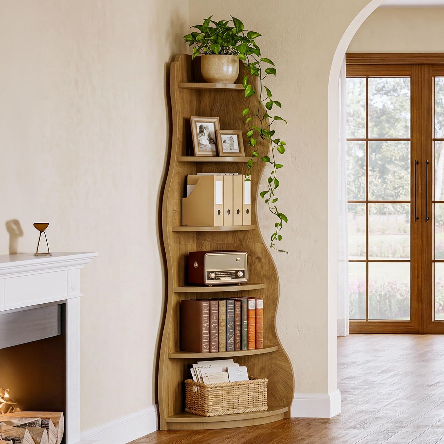 Tribesigns Modern Wavy Corner Shelf, 68.9-Inch 6-Tier Wall Corner Display Bookshelf, Unique Tall Bookcase Storage Rack Plant Stand for Small Space, Living Room, Home Office, Bedroom, Rustic