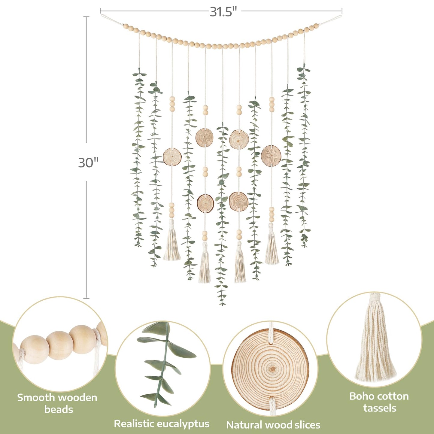 Dahey Hanging Artificial Plant Eucalyptus Wall Decor 31'' Wooden Bead Garland with Fake Greenery Leaves Boho Rustic Farmhouse Wall Art for Bathroom Office Living Dining Room Bedroom Kitchen Decoration