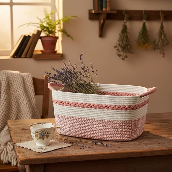 Decorative laundry basket with handles woven from natural cotton rope storage blankets for living room cute boho quilted gift baskets for clothes pillows toys 20"x14"x10",white/pink