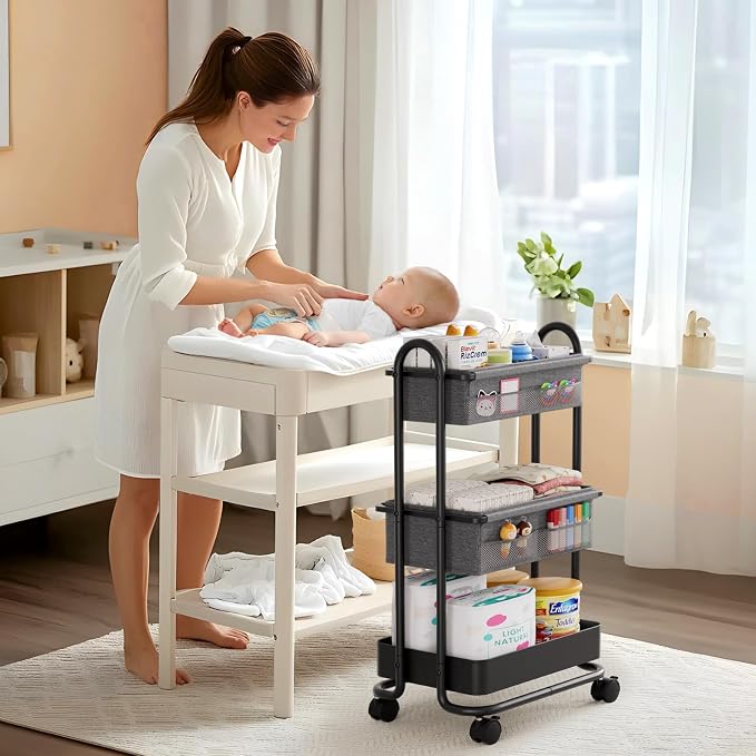 Modanais Baby Diaper Caddy Organizer Cart - 3 Tier Rolling Storage Cart with Wheels, Baby Essentials for Nursery Storage, Detachable Dividers - for Crib, Bedroom, Art & Craft Organizer (Black)