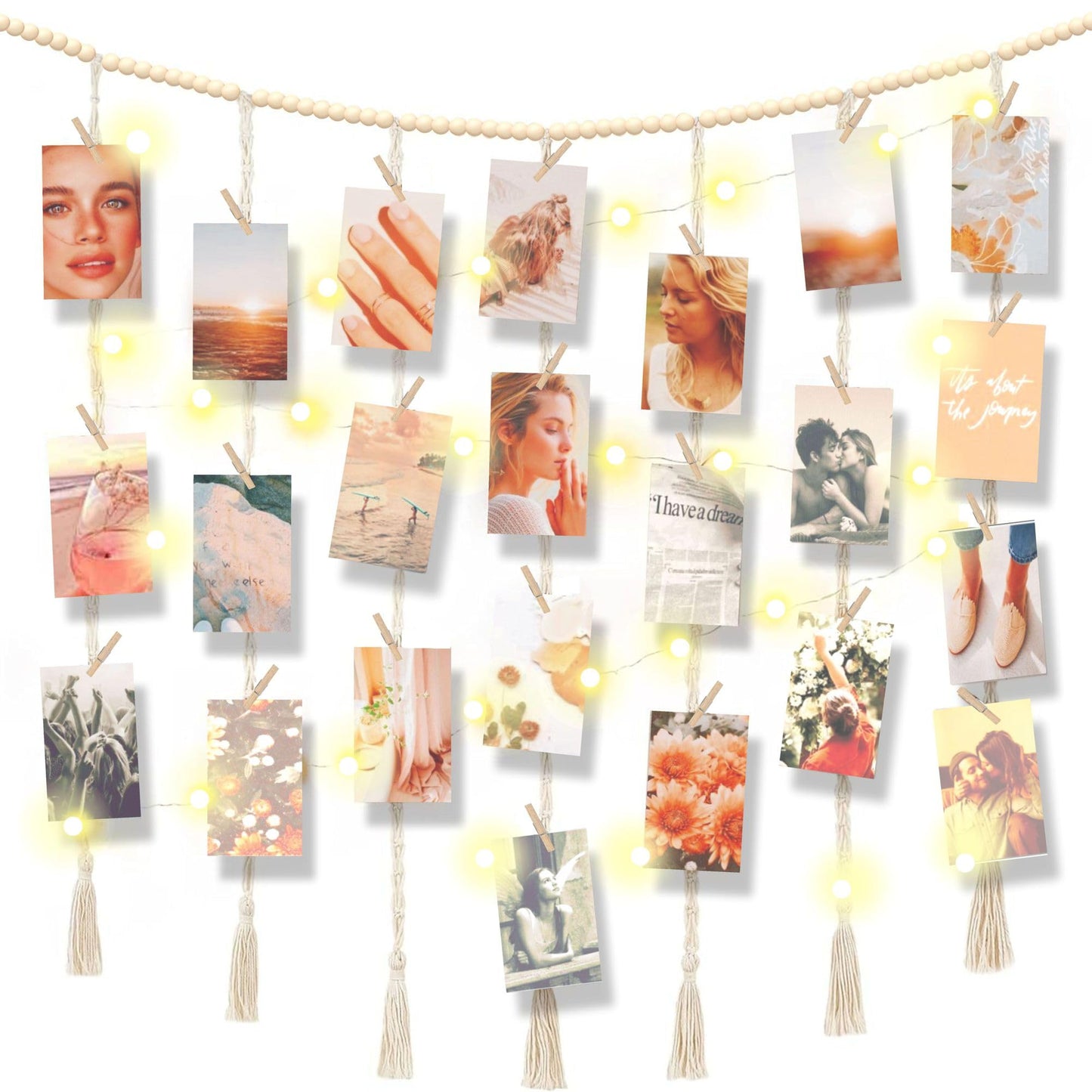 Hanging Photo Display with Clips Wall Boho Decor Beads Garland with Led Lights - Sculptural Picture Frames Collage - 30 Clothespins - 2 Non-Trace Hook - Photo Clip String Lights - 45 x 45 inch