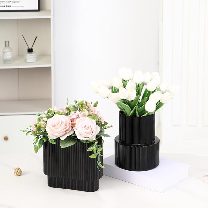 Black Glass Vases, Set of 2 Ribbed Glass Vases for Flowers, Modern Vase for Tulips, Black Vase for Living Room, Dining Table, Office, Entryway, Mantle, Bookshelf, Wedding Gifts