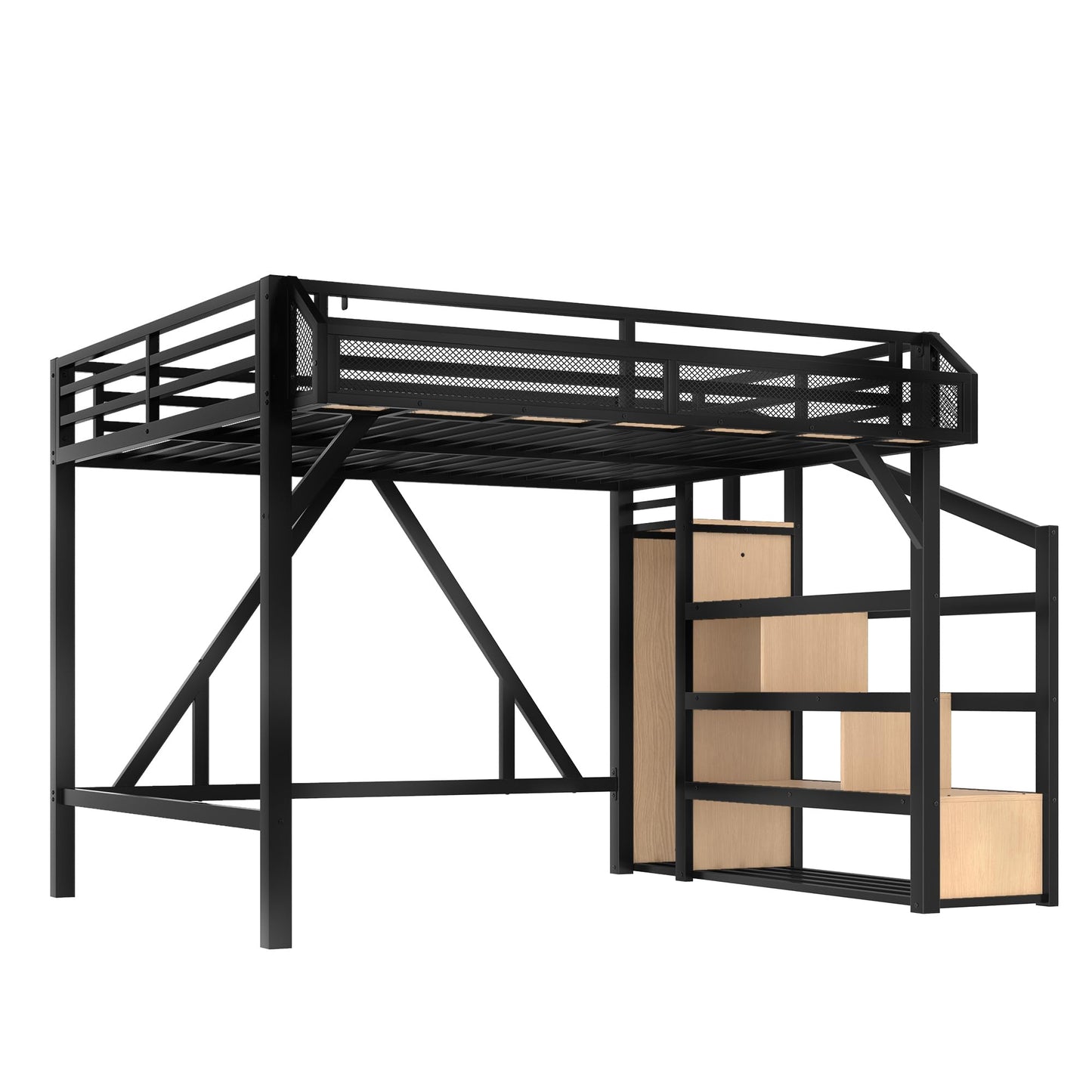 KEIKI Queen Size Loft Bed with Storage Stairs for Adults, Heavy Duty Bunk Beds with Shelves, Wardrobe, Metal Bedframe with USB Ports for Bedroom, Natural