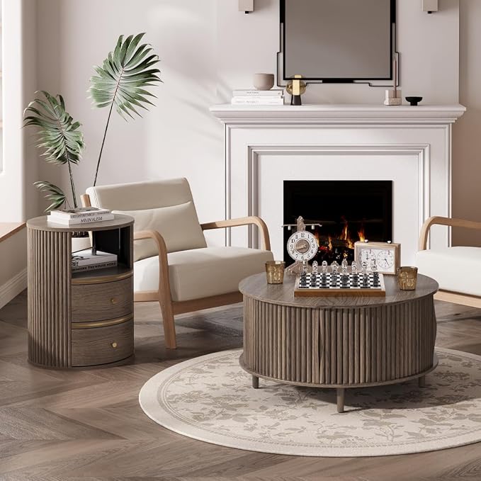 JOINICE Round Coffee Table and End Table Set,31.5" Mid Century Modern Living Room Furniture, Walnut Fluted Center Table with Storage & Matching Side Table for Small Space