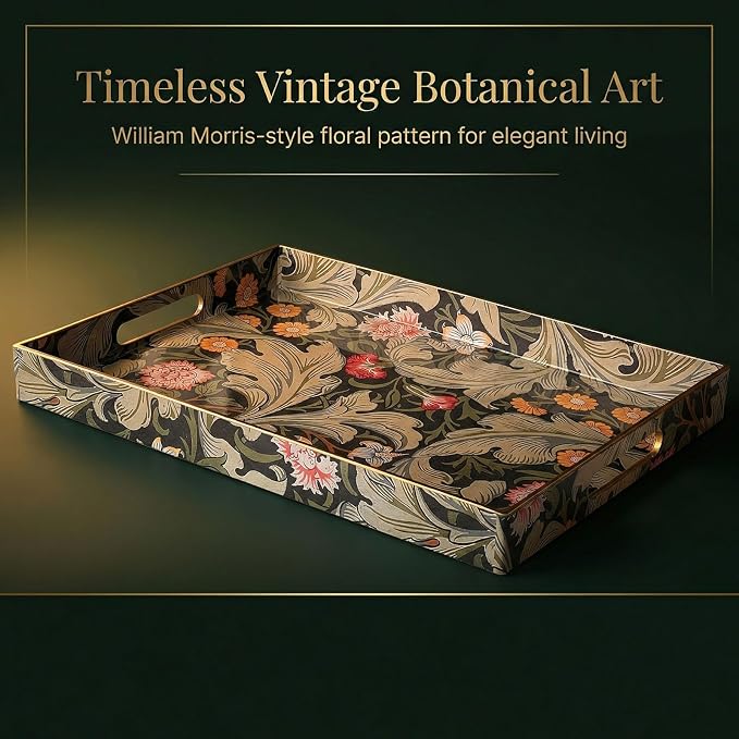 Vintage William Morris-Style Serving Tray with Handles - 15.7" x 11.8" Floral Pattern Decorative Platter for Coffee Table, Ottoman & Breakfast in Bed - Sturdy Plastic Rectangular Tray