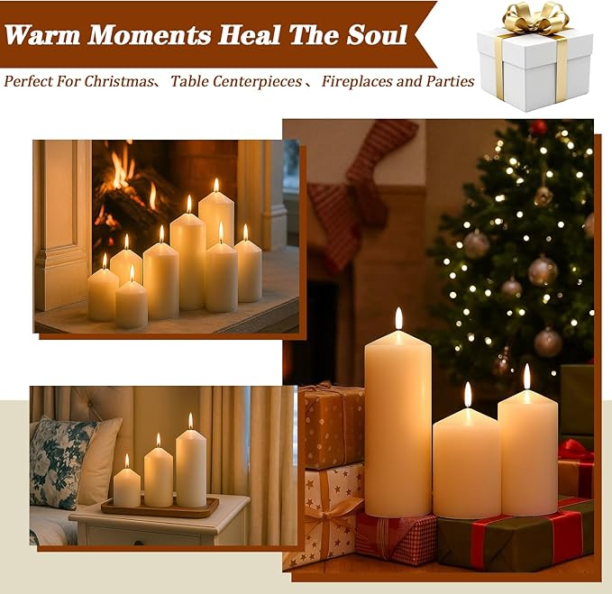 White Pillar Candles Bulk Set of 12,3 Different Lengths 3 x 3/6/8 Inch (4 Each),Hurricane Candles,Dripless Unscented Smokeless,Gives You a Better Atmosphere When Organizing an Event Party.