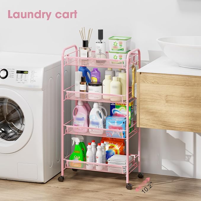 TOOLF 4 Tier Rolling Utility Cart - Durable Metal Design Pink Utility Cart, Storage Trolley on Wheels with 3 Hooks, Perfect for Kitchen, Bathroom & Laundry Room Organization