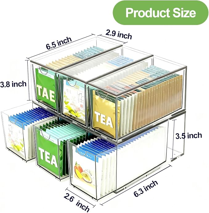 4 Pack Stackable Tea Bag Storage Organizer Drawers – Clear Acrylic Tea Bag Holder for Cabinet, Drawer, Pantry, Countertop – Kitchen Tea Storage Container