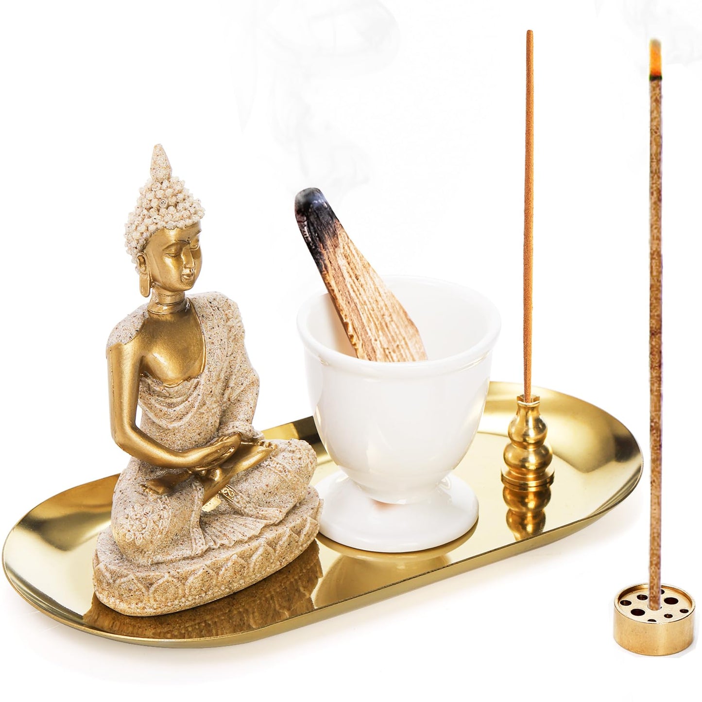 TOPZEA 6 in 1 Brass Incense Burner Holder, Palo Santo & Sage Sticks Holder, Ash Catcher Tray with Buddha Statue for Coil Incense, Incense Cone & Stick, Meditation Accessories, Yoga Room Decor