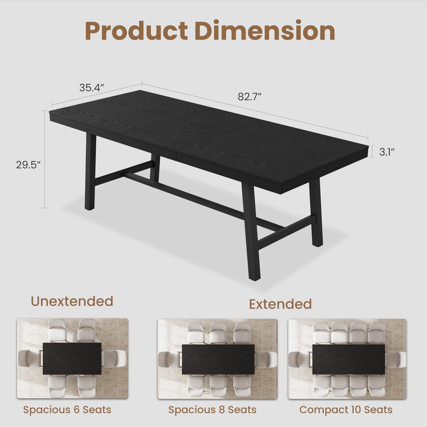 GarveeHome 63-83" Extendable Dining Table, Industrial Rectangular Dining Room Table for 6-8 People, Expandable Kitchen Table with Heavy Duty Metal Frame for Dining Room, Kitchen & Parties, Black