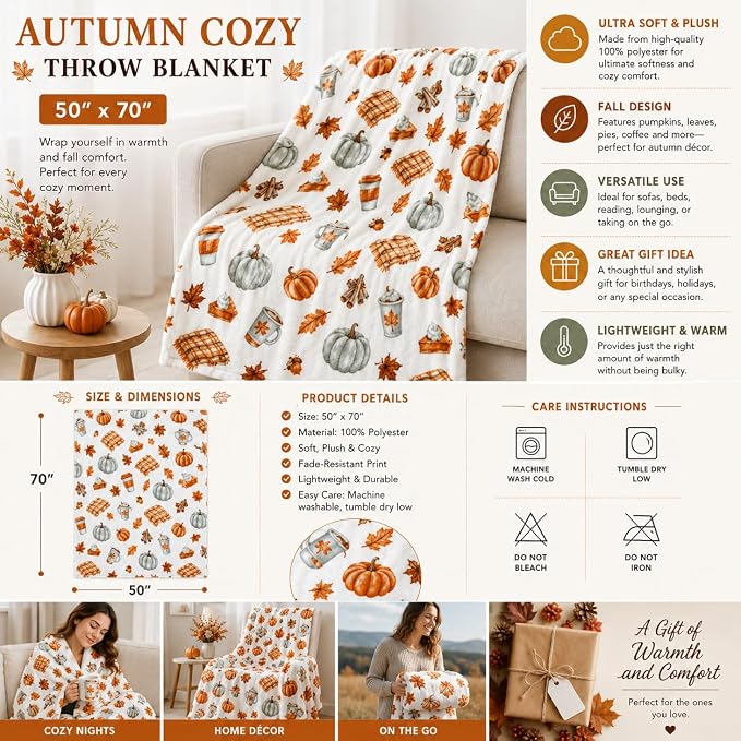 Fall Throw Blanket Soft Fleece: Pumpkin Spice and Everything Nice with Books Wraps Coffees Lattes Pumpkins Pies Oversized 70" inches x 50" inches