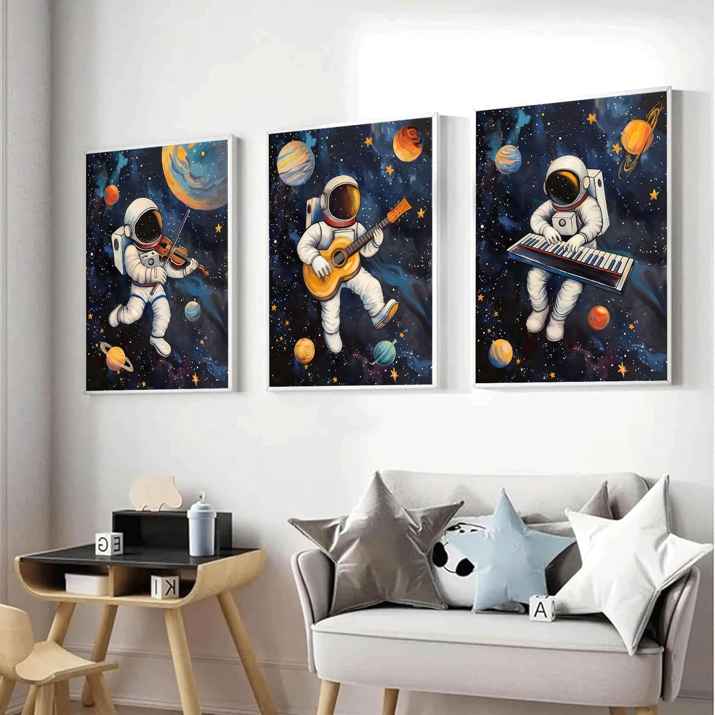 3Pcs Space Astronaut Music Posters Wall Art Cute Astronaut Musician Decor Pictures Funny Piano Guitar Violin Posters Prints for Boys Room Girls Room Kids Room Nursery Decoration Unframed