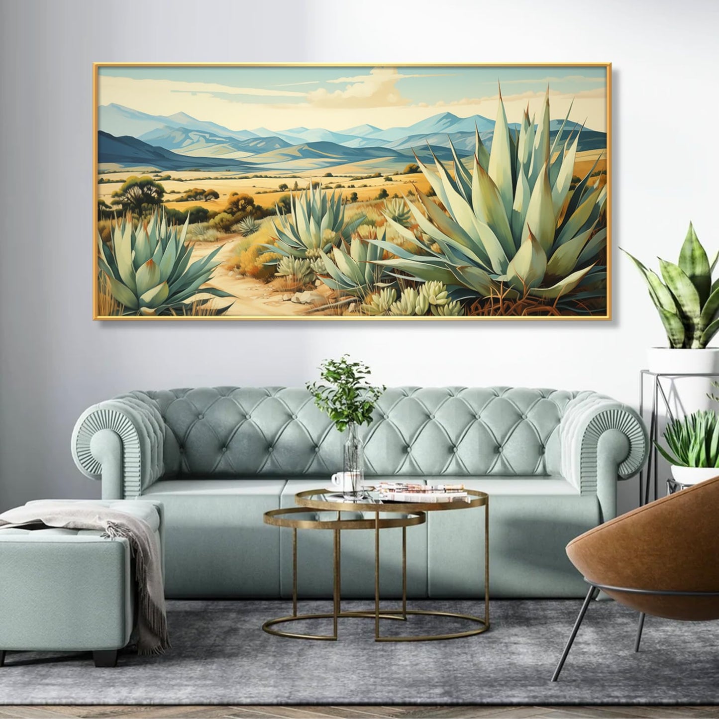 Desert Canvas Wall Art, Agave Desert Canvas Wall Art, Cactus Desert Canvas Wall Art, Desert Paintings on Canvas, Desert Wall Art, Desert Landscape Wall Art, Cactus Wall Art, Desert Southwest Decor (Gold Framed, 47"x 23"| 120x60cm )