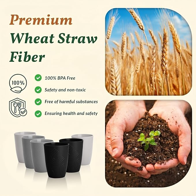 Homienly Glasses Drinking Set 12 OZ Wheat Straw cups- Reusable Drinking Vessel,Dishwasher Safe Cups for Kitchen-Grey Stone