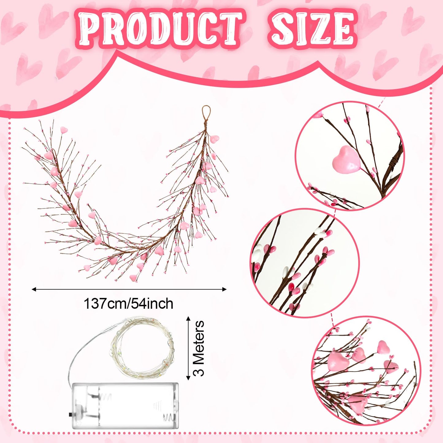 Yuxung Valentine's Day Garland with 30 Fairy Lights 4.5ft Pip Berry Cherry Blossom Garland LED Christmas Lights for Valentine's Day Wedding Party (Pink)