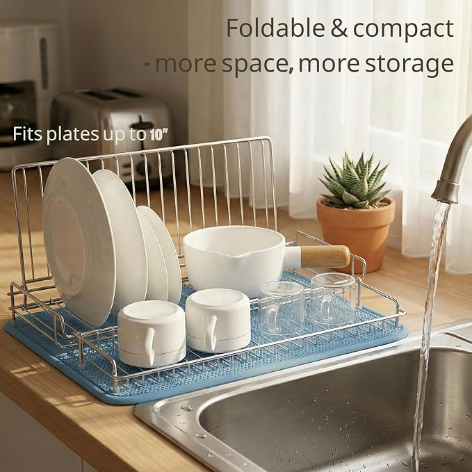 Collapsible Dish Drying Rack, 304 Stainless Steel Foldable Dish Rack for RV Camper Travel Trailer Boat, Folding Dish Drainer with Absorbent Mat, Compact Space Saving Kitchen Organizer, Silver