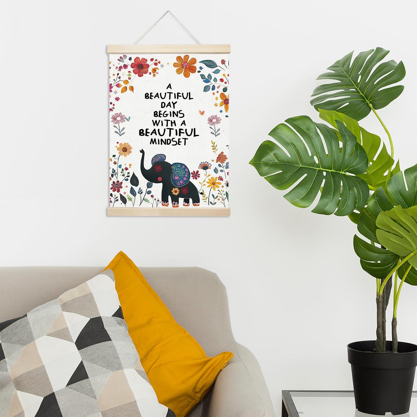 Xmsaitar Inspirational Elephant Floral Poster Hanger Frame Wall Decor, Nursery Mental Health Prints for Wall Decor Art, Rustic Flower Pictures Hanging for Girly Room Dorm Playroom 12x16in