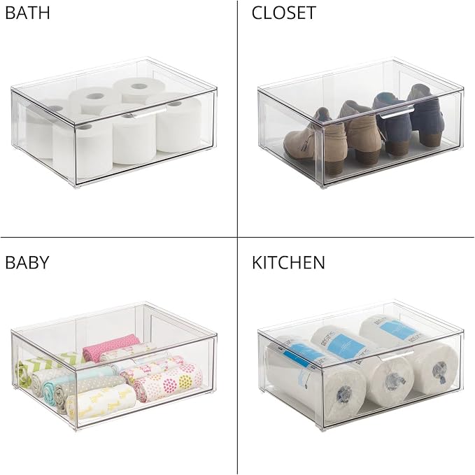 mDesign Plastic Stackable Bathroom Storage Organizer Bin Containers with Front Pull Drawer for Bathroom Countertop, Vanity, Closet Shelves - Holder for Beauty Accessories - Lumiere Collection - Clear