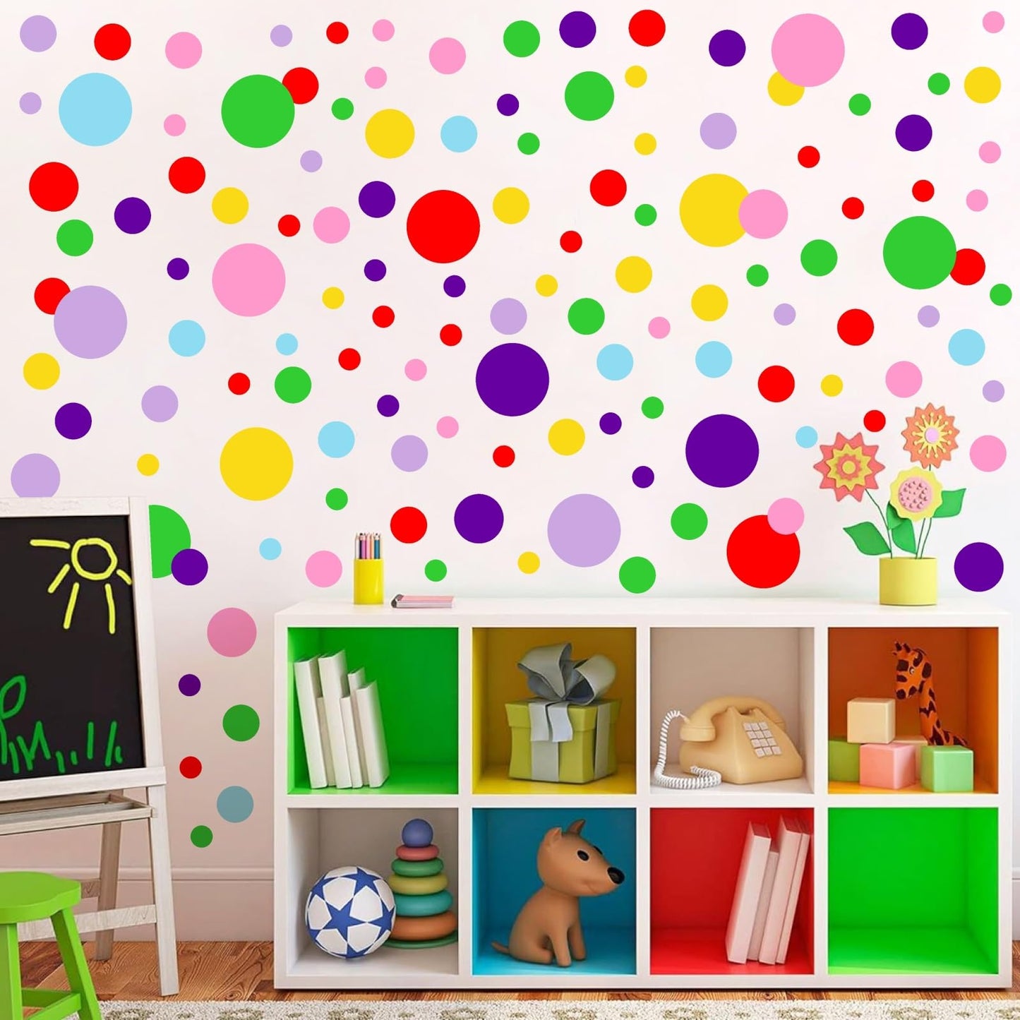 Polka Dots Wall Decal Christmas Wall Decals Lime Green Red Vinyl Stickers Dots Decals Living Room Art Murals Xmas Home Decoration Indoor Rainbow Christmas Circle Stickers Peel and Stick Decal