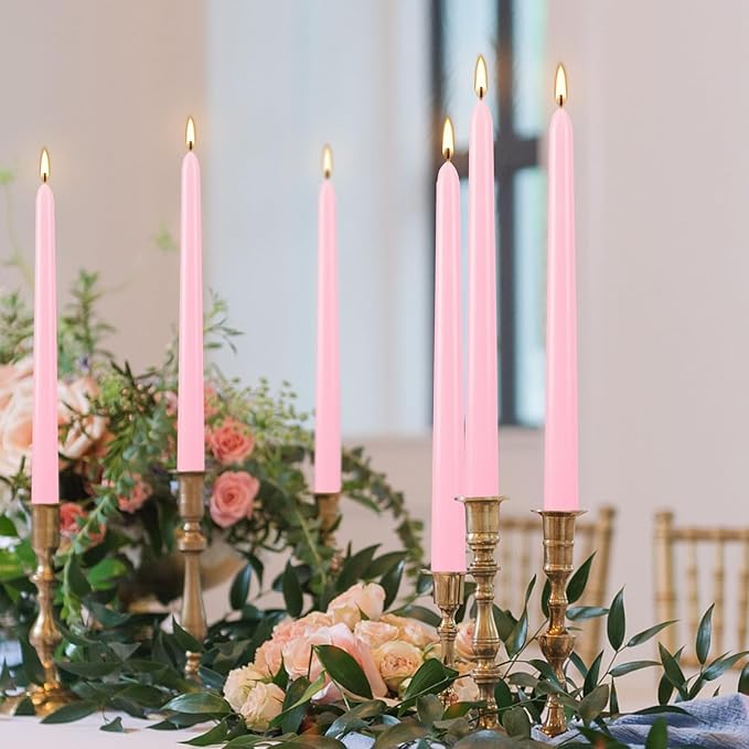 24 Pack Pink Taper Candles, 7-8 Hours Burn Time, Unscented, Smokeless and Dripless, 0.75 x 10 Inch Dinner Candle Set for Household, Wedding, Party and Home Décor Candlesticks