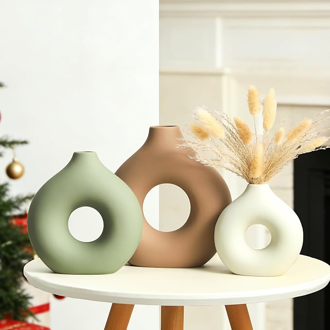 Vanselia Ceramic Vase Home Table Decor - Flower Vases Set of 3 Small Living Room Centerpiece Decorations for Shelf Bedroom Office Kitchen Dining Desk Modern Aesthetic Farmhouse Decorative (Brown)