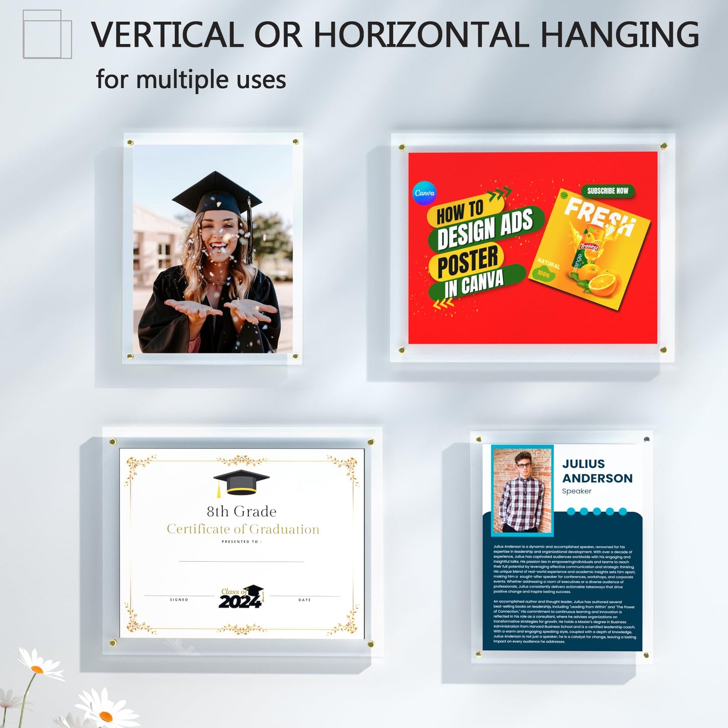 2 Pack 11X14 Acrylic Picture Frame for Wall, Clear Diploma Frames, No Drill Floating Frameless Photo Frame for Diploma Certificate Degree Document & Artworks Display, Graduation Gift for Students (2 Pack, Straight edge)