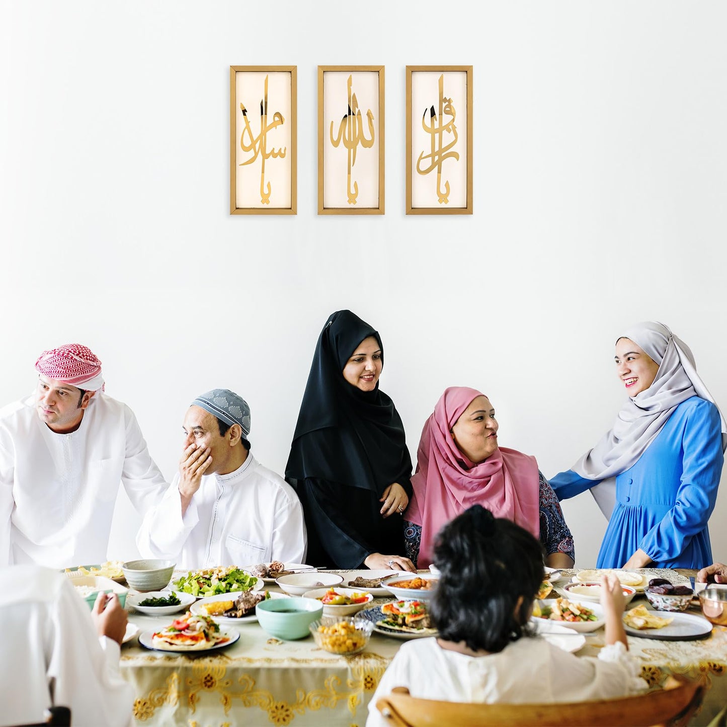 flangairy Set of 3 Islamic Wall Art, 15.7×7.1 Inch Gold Acrylic Arabic Calligraphy Allah Muhammad Ali Wooden Muslim Wall Decor, Eid Ramadan Living Room Bedroom Decorations for Home, Housewarming Gift