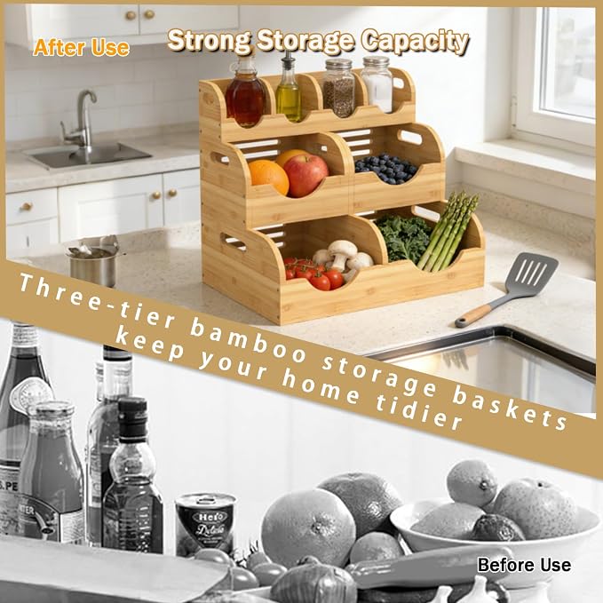 Upgraded 3 Tier Bamboo Pantry Storage Bins,Large potato storage With 2 Banana Hangers,Stackable Potato and Onion Storage Bin with Airflow Vent, Pantry Baskets, Vegetable Storage,for Kitchen Countertop