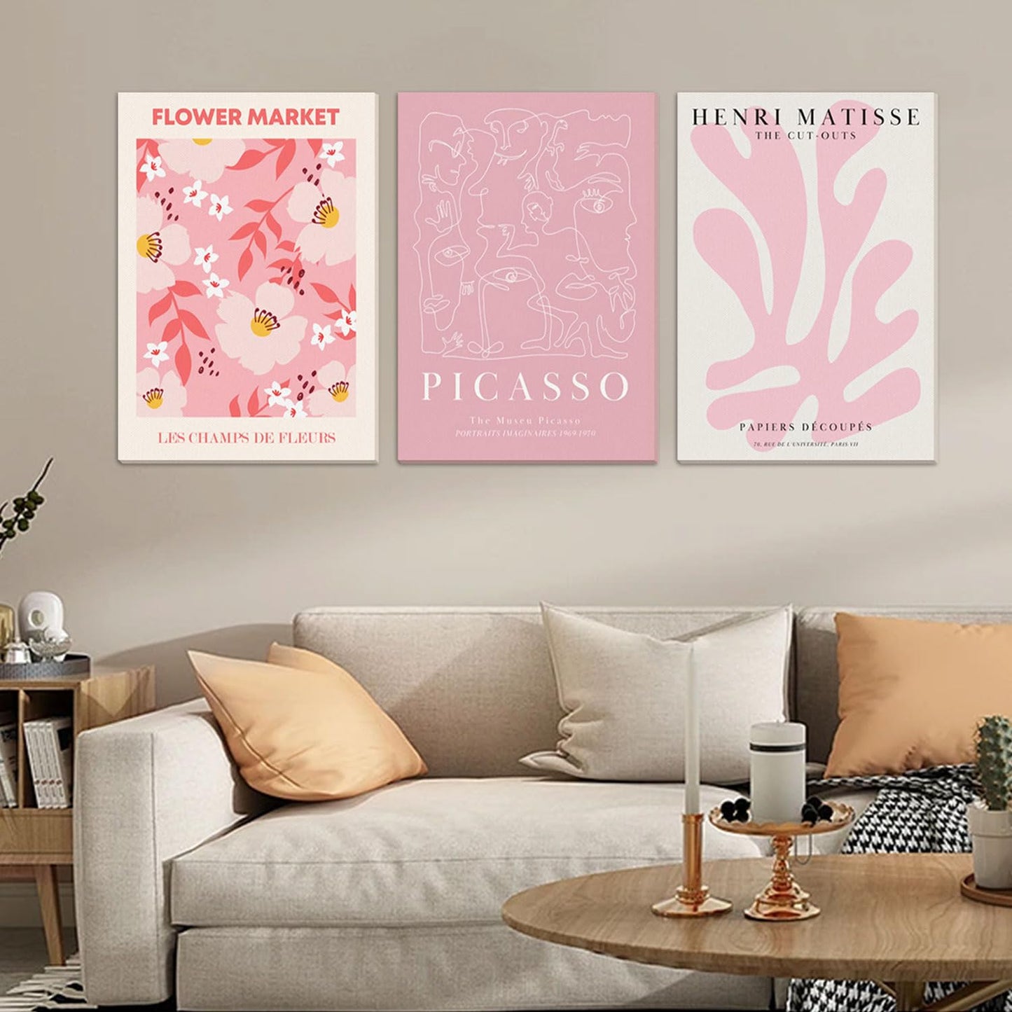 Djmwtb 3 Piece Pink Wall Art Matisse Canvas Art Picasso Prints Flower Market Wall Decor Paintings Cute Pictures Abstract Artwork for Girls Bedroom Dorm 12x16in Framed