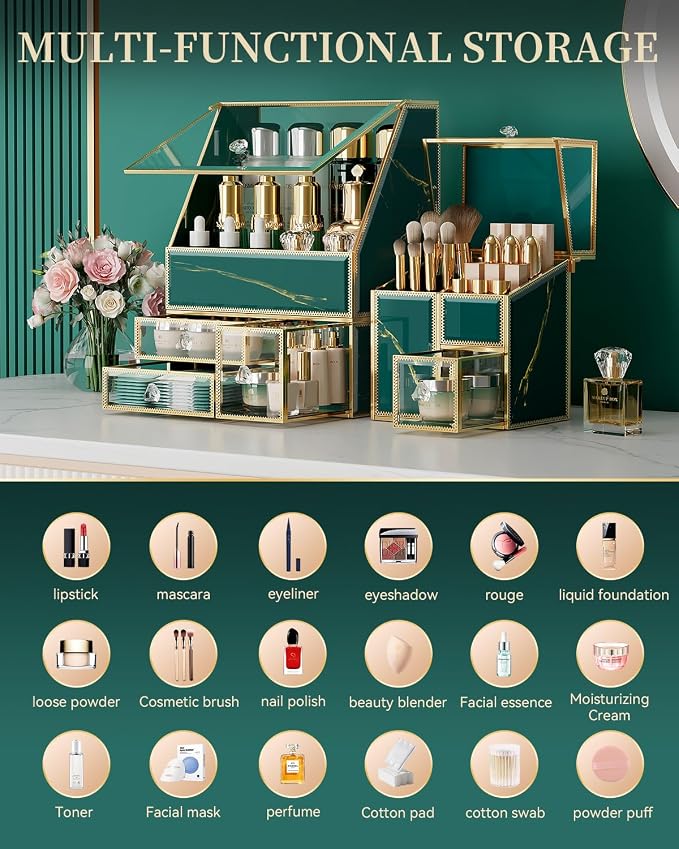 CoralHouse Vintage Green Glass Makeup Organizer with Lid, 3-Piece Vanity Organizer with Gold Frame, Cosmetic Display Case for Skincare, Perfume, Lipsticks, Brushes, Bathroom Countertop & Dresser