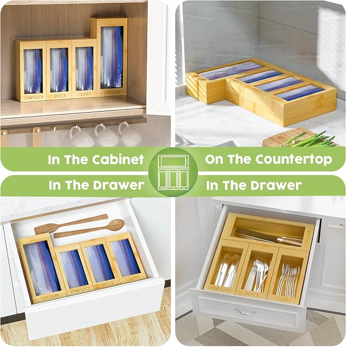 DALSHABET Bamboo Storage Bag Organizer, 4 Separate Food Storage Bags, 12x14 Baggie Organizer Dispenser for All Brands Gallon, Snack, Sandwich & Quart Slider Bags Beige