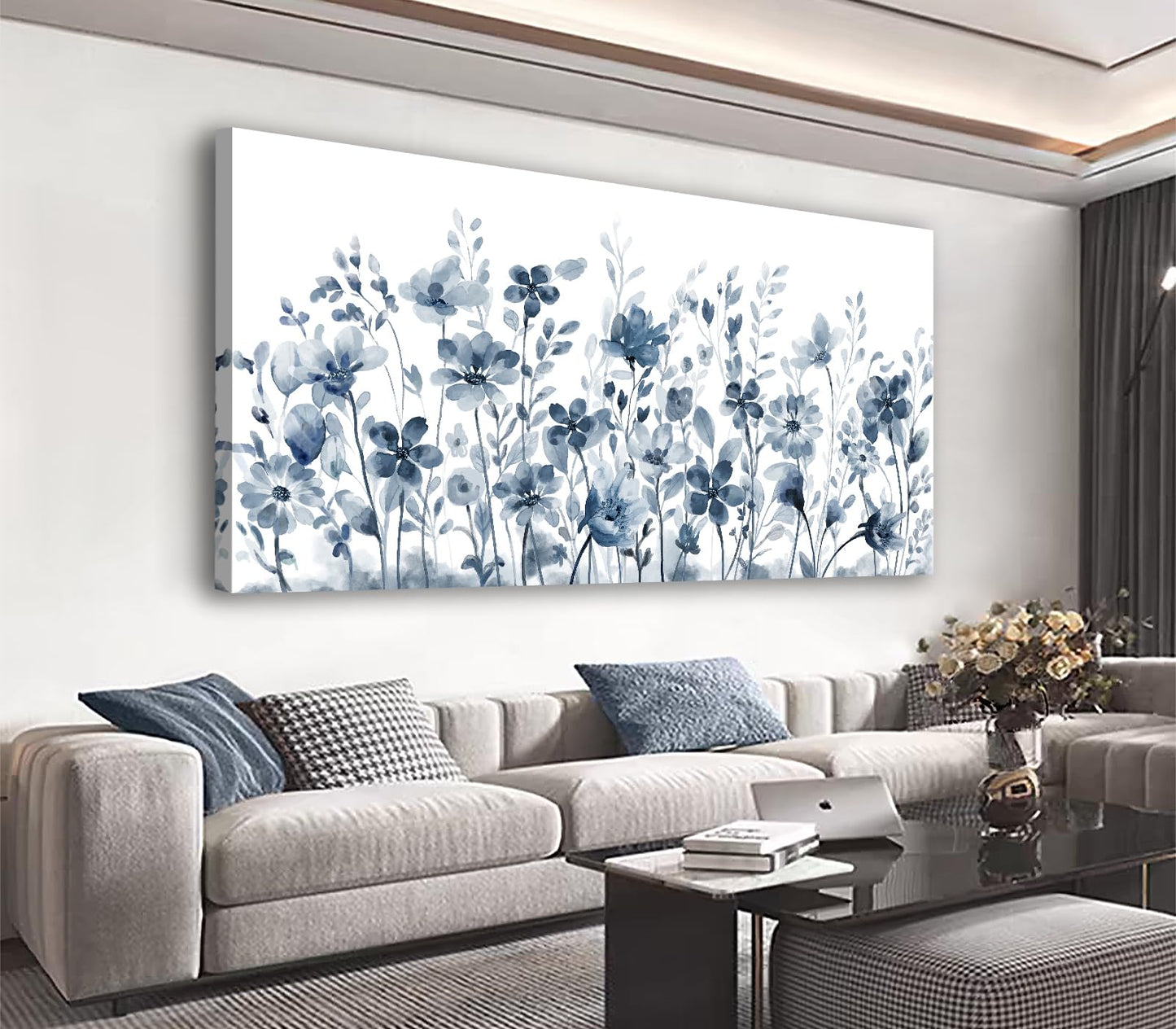 Large Flowers Wall Art for Living Room Decor Framed Art Indigo Wildflower Canvas Pictures Abstract Artwork Navy Blue Floral Canvas Prints for Bedroom Kitchen Home Office Wall Decor 24" x 48"