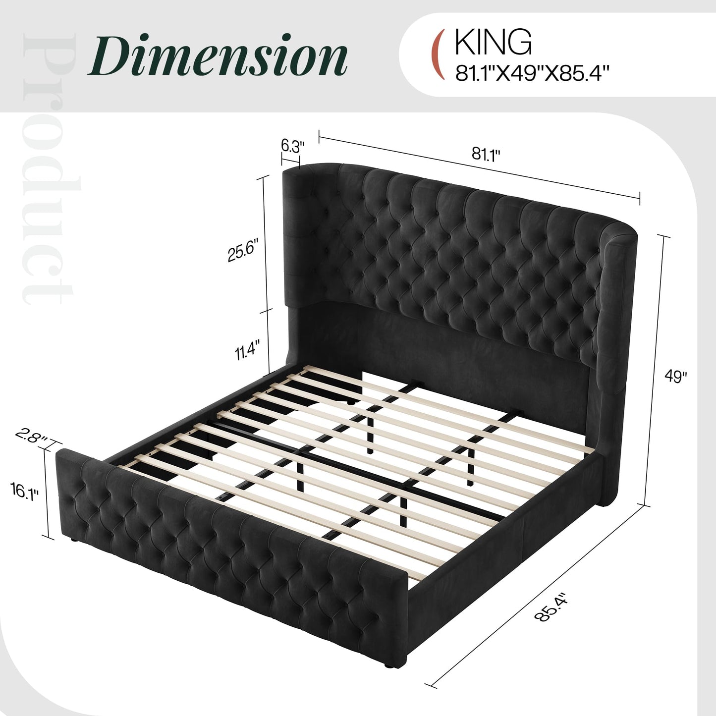 Jocisland King Size Platform Bed Frame, 6.3" Thick Upholstered Curved Wingback Headboard and Footboard with Deep Button Tufted, Easy Assembly, No Box Spring Needed, Black Velvet