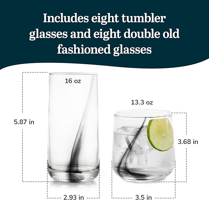 Libbey Ascent Black Ribbon Tumbler and Rocks Drinking Glasses Set of 16, Glass Drinking Glasses with Curvature, Versatile Glassware Set for Daily Use