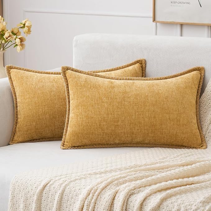 MIULEE Pack of 2 Lumbar Throw Pillow Covers 12x20 Inch Gold Mustard Yellow Farmhouse Decorative Pillow Covers with Stitched Edge Soft Chenille Solid Dyed Pillow Covers for Couch Sofa Bed Living Room